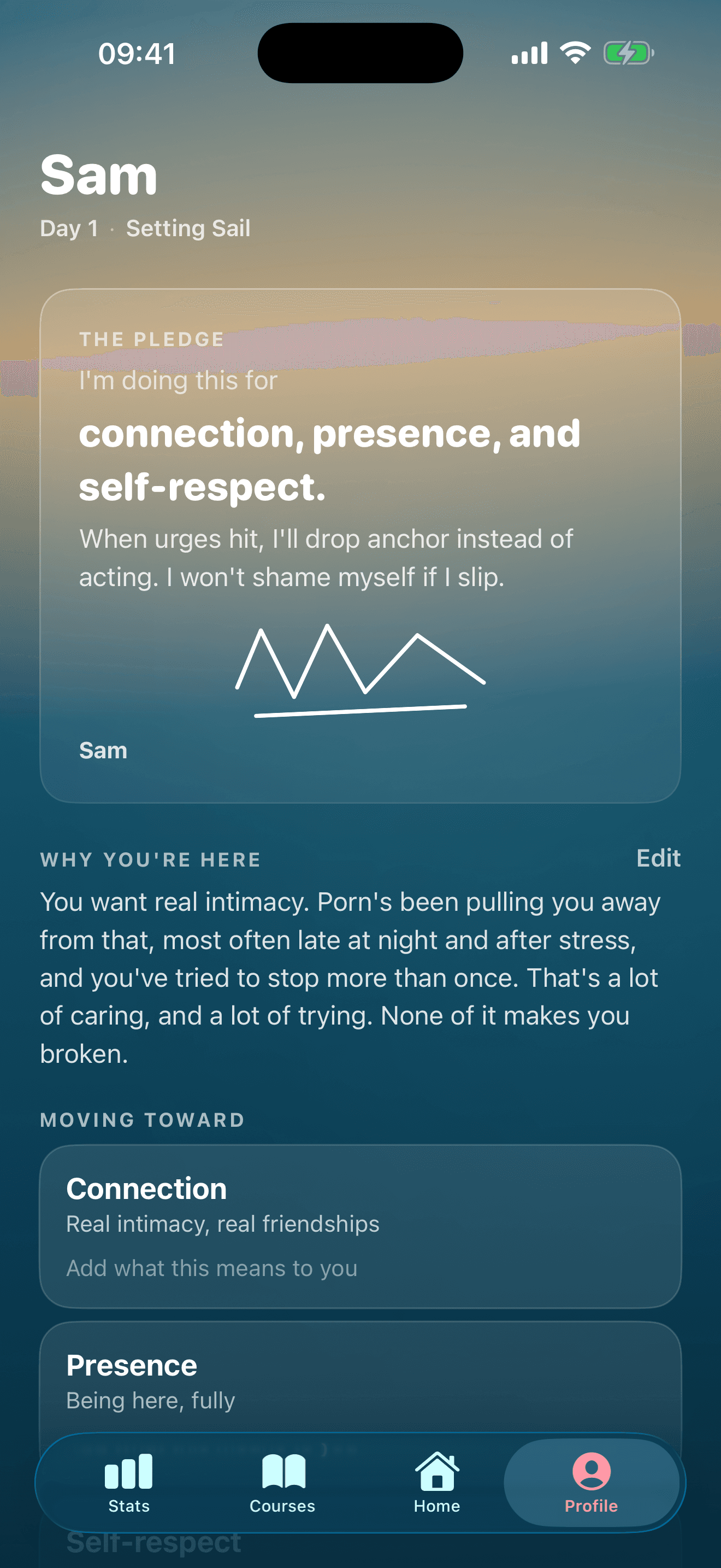 Your profile — the pledge in your own words, with your drawn signature.